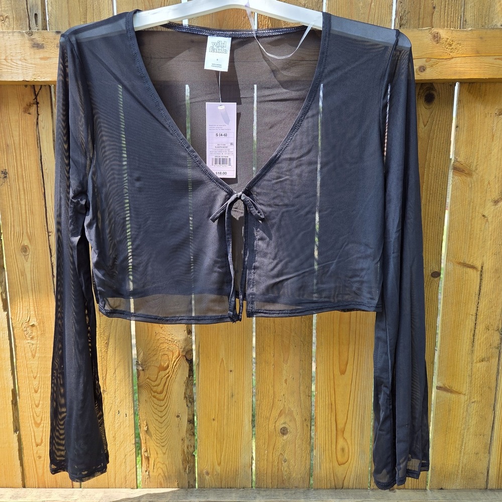 Wild Fable S (4-6) Black Mesh Tie Front Cropped Long Sleeve Swim Cover Up Top‎